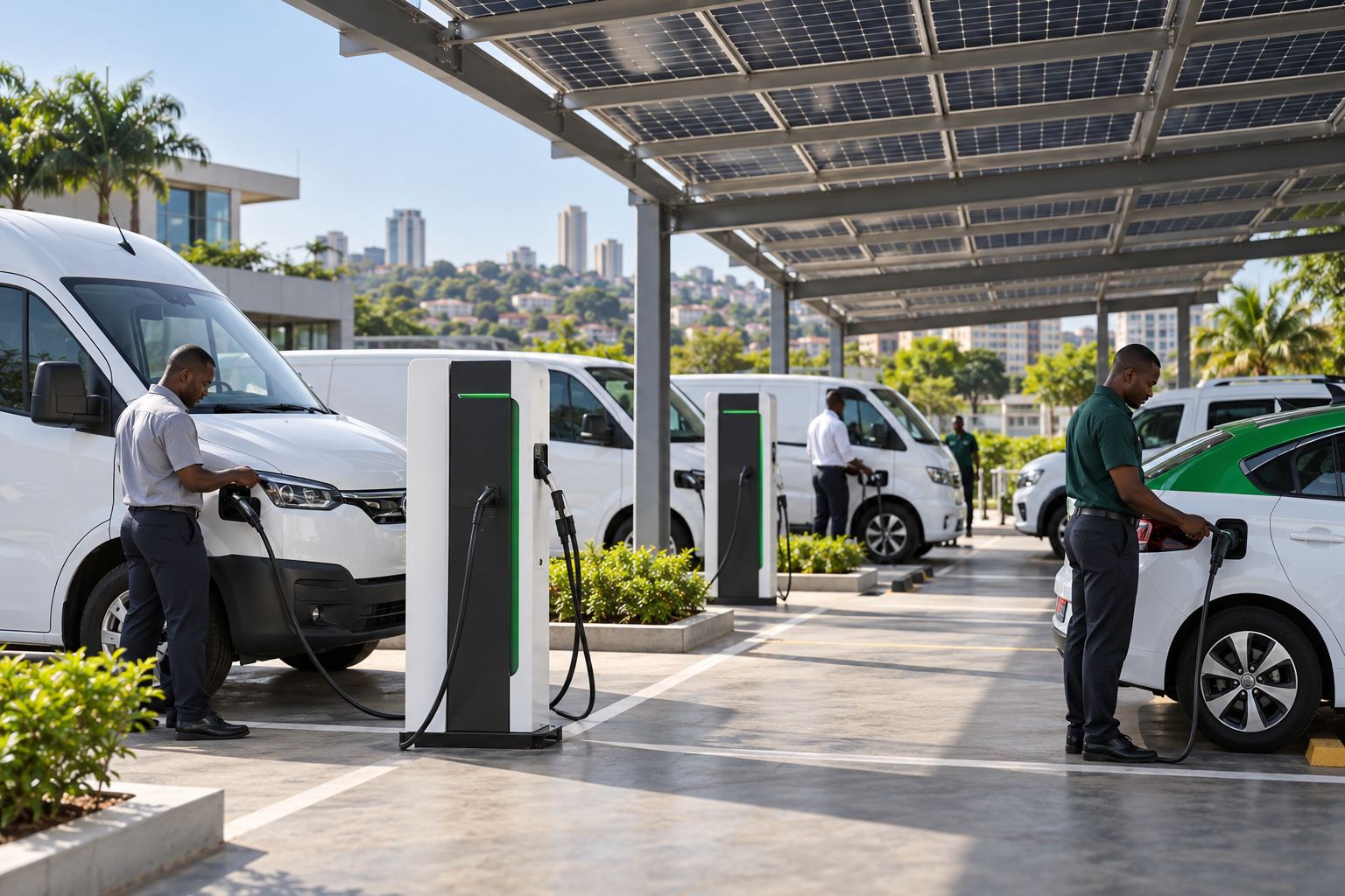 Illustrative electric fleet charging hub beneath a solar canopy