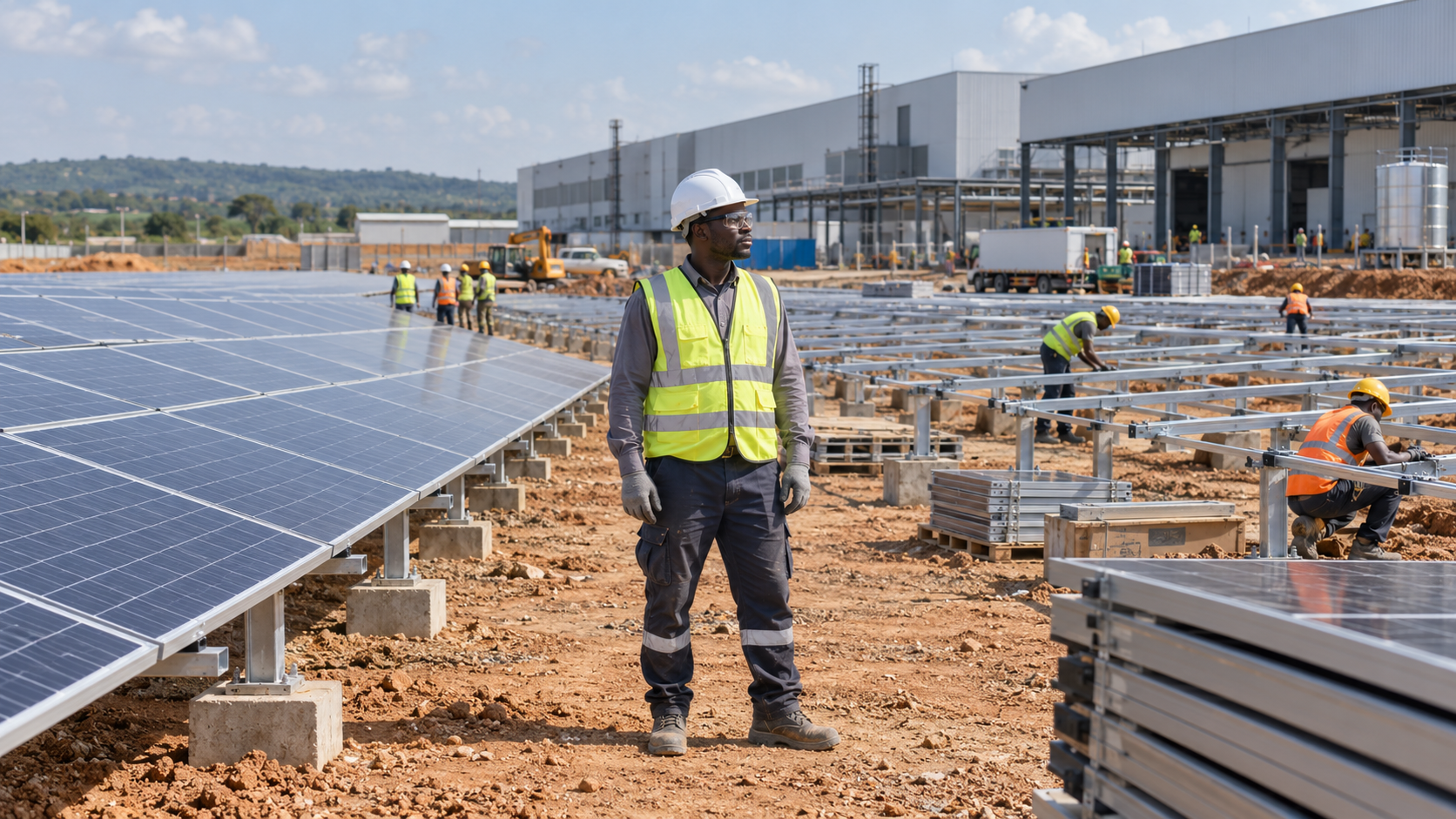 Illustrative technician at a new industrial solar installation, with completed panels and mounting work in progress