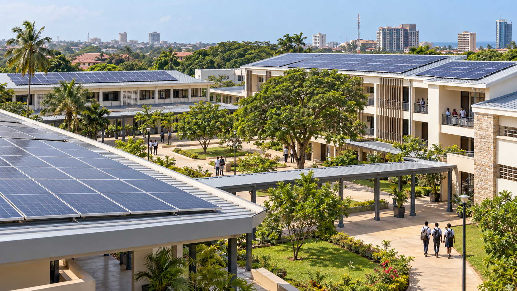 Illustrative Ghanaian educational campus with solar panels across institutional rooftops
