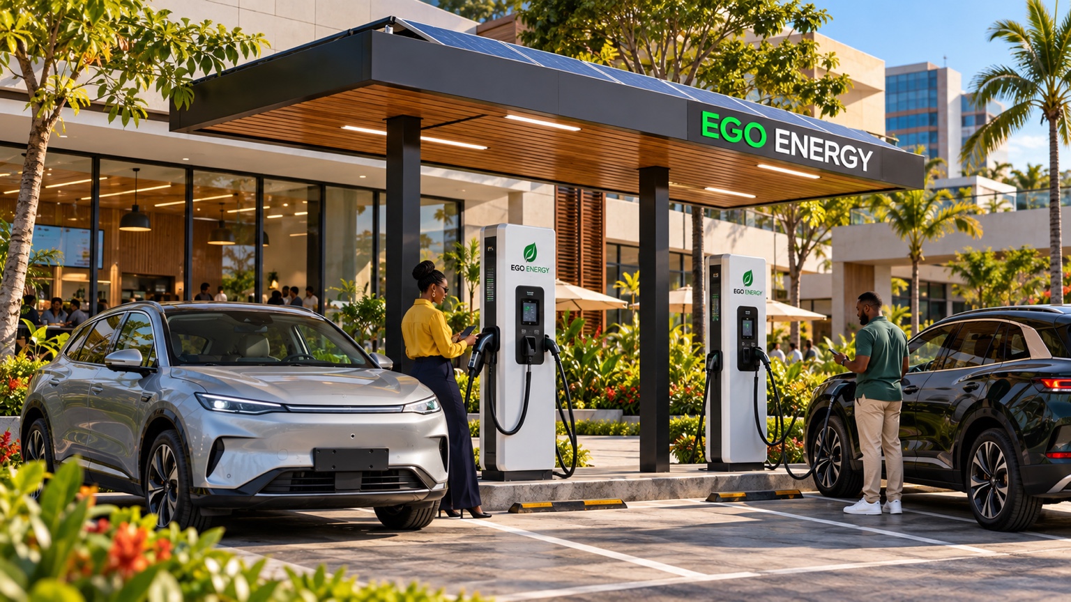 Two electric vehicles at EGO Energy charging stations outside a commercial destination