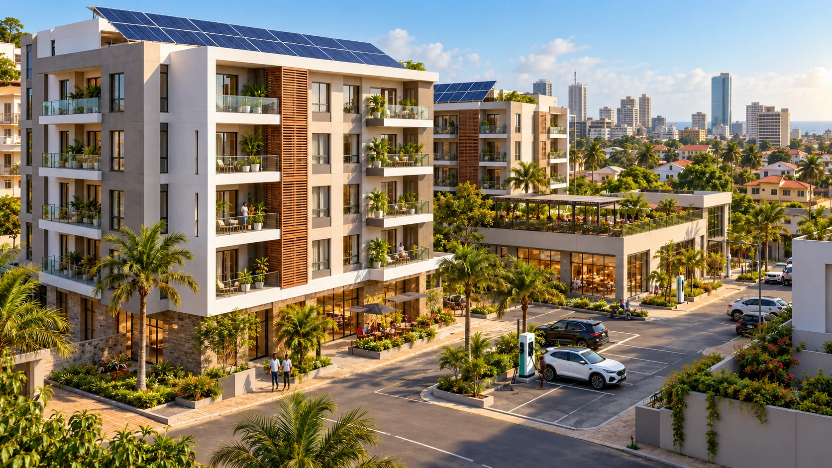 Illustrative residential and mixed-use development with rooftop solar and EV charging
