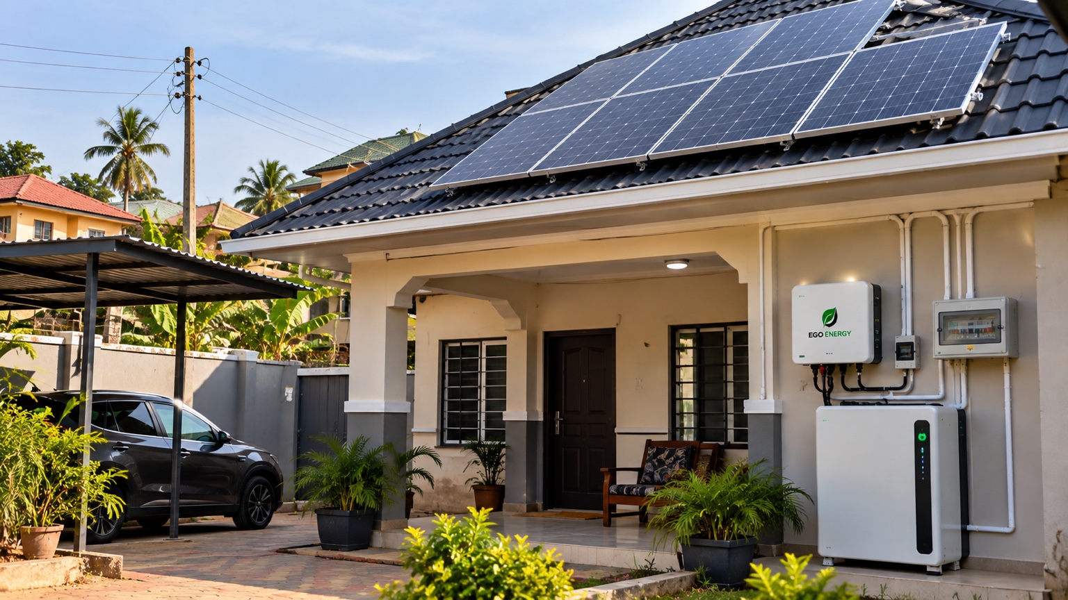 Ghanaian residence with rooftop solar panels, battery storage and inverter