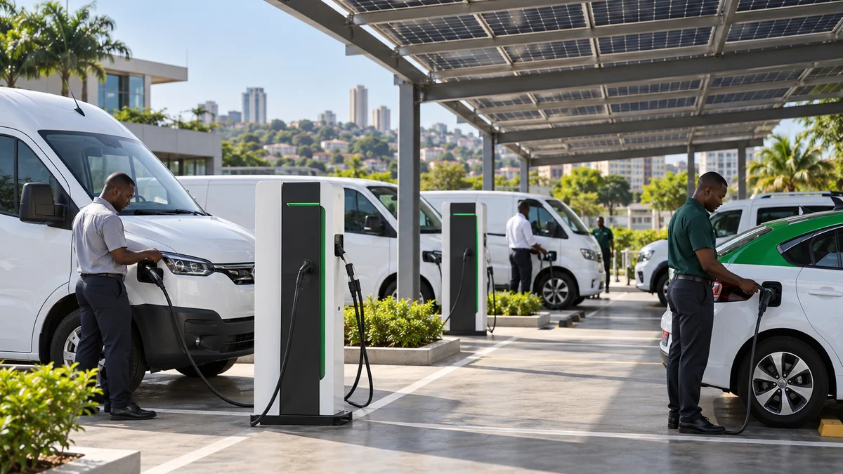Illustrative electric fleet charging hub beneath a solar canopy