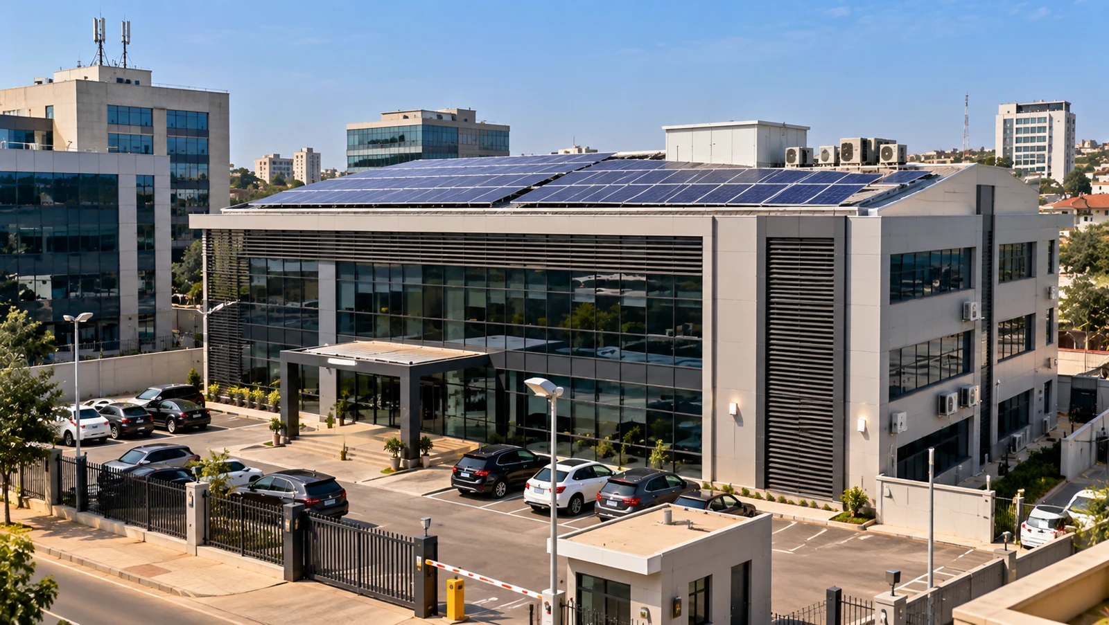Illustrative commercial office complex in Ghana with rooftop solar panels