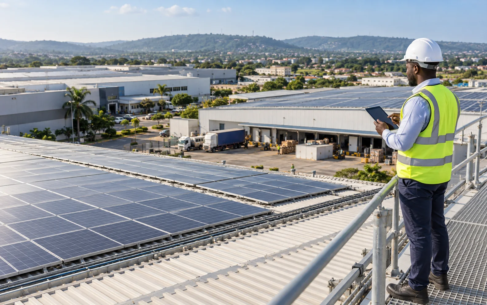 Illustrative view of an engineer reviewing a commercial rooftop solar installation and the operating site around it
