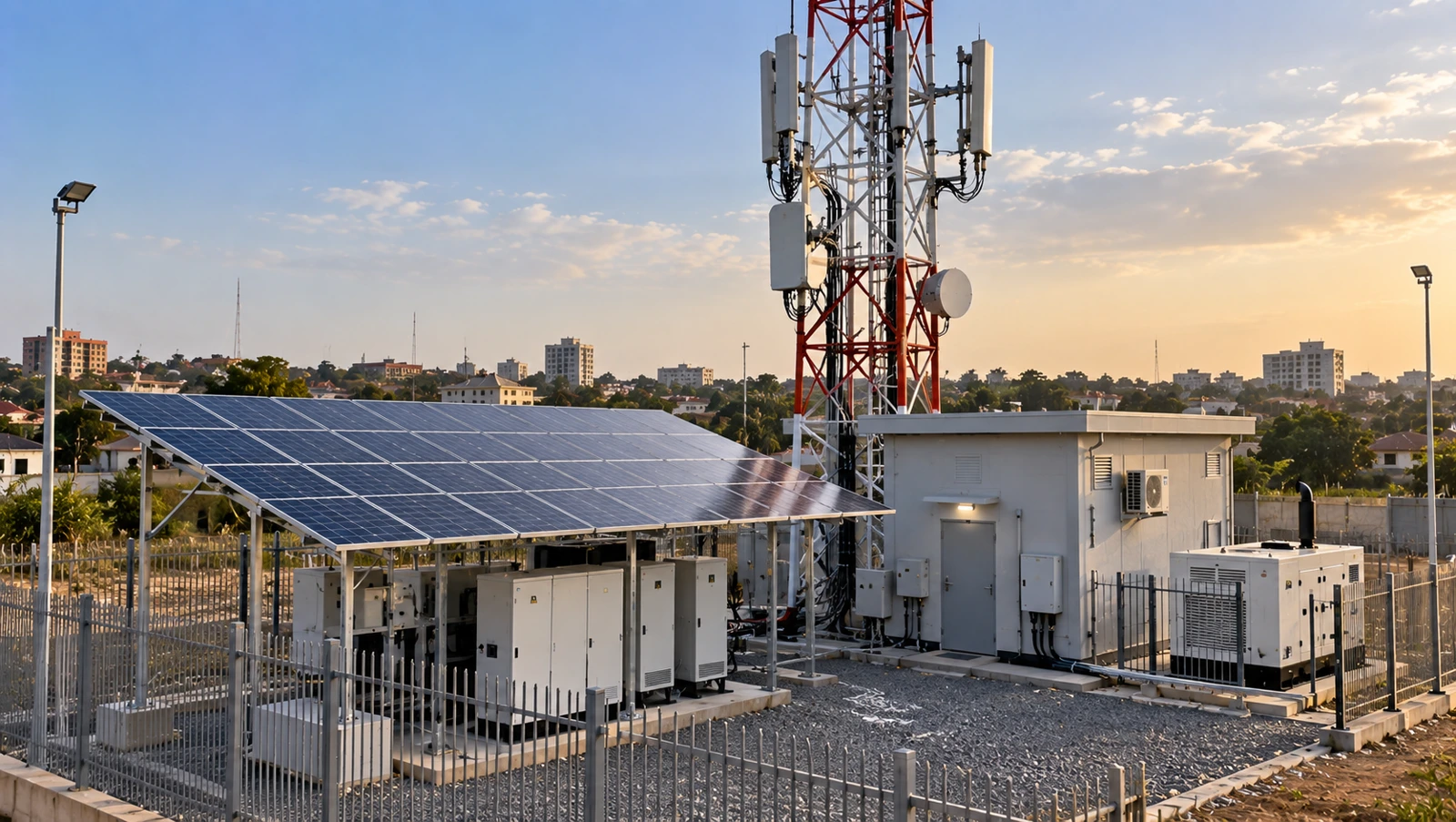 Illustrative telecom site with solar panels and power equipment in Ghana